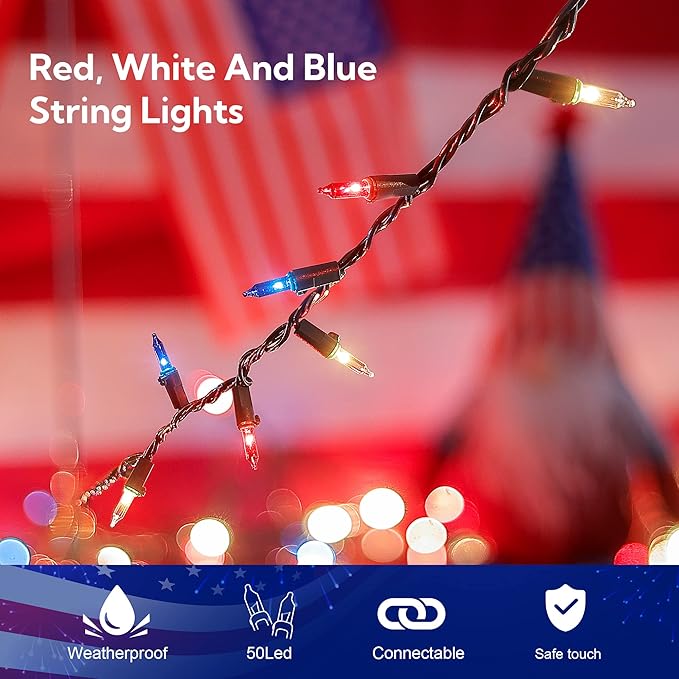 50 Count Red White and Blue Mini String Lights with Green Wire,Connectable 13ft 120V Waterproof 4th of July Patriotic Incandescent Lights, Independence Day Lights for Outdoor Indoor Decor