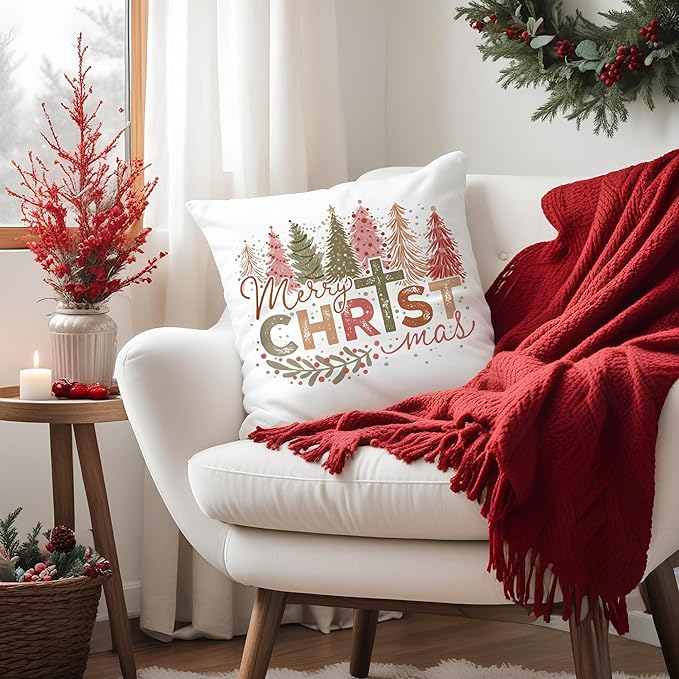 Christian Christmas Pillow Covers 18x18, Retro Christmas Trees Cross Decorative Pillow Covers for Couch, Christian Christmas Decor, Christmas Decorations for Living Room Bedroom Home