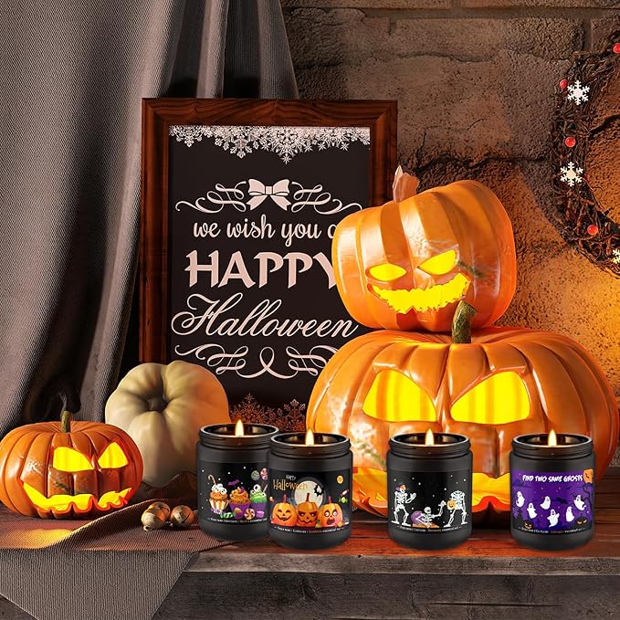 4 Pack 8Oz Halloween Scented Candles for Home Scented Aromatherapy Candles, Soy Wax Autumn Candle Gift Set for Women Men，Home Decoration，Themed Party Decor