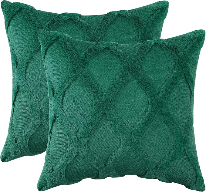 decorUhome Christmas Throw Pillow Covers 16x16 Inch Set of 2, Soft Plush Faux Fur Wool Green Couch Pillow Covers, Decorative Neutral Pillow Cases for Bed Sofa Living Room Home Decor