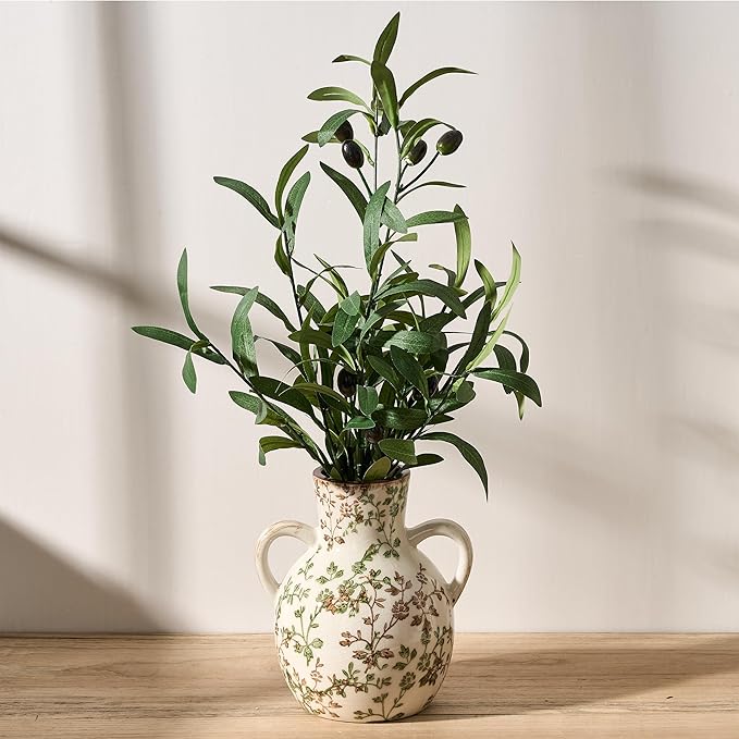 SIDUCAL Ceramic Green and Beige Retro Vase with Handles, 7 Inch Ice Cracked Vintage Pastoral Vase, Rustic Farmhouse Vases for Home Decor, Table, Living Room, Shelf Decor, Chinoiserie Decor
