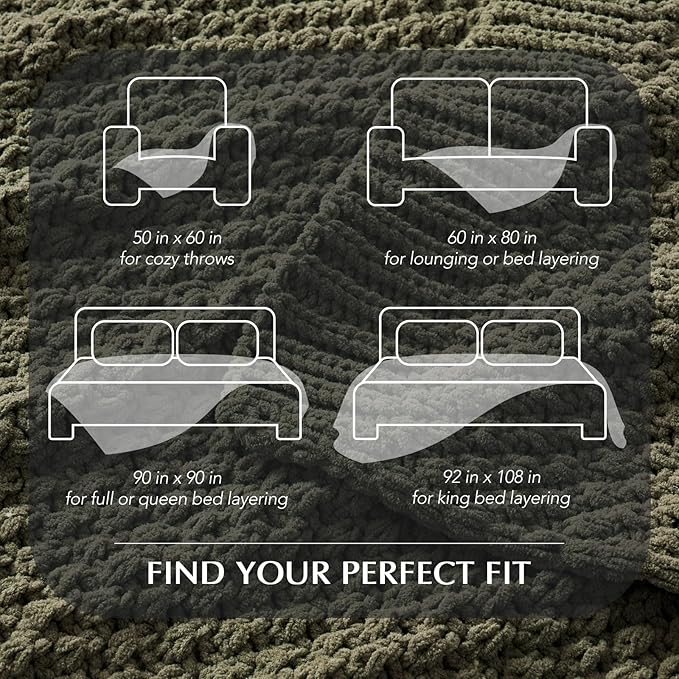 EVERGRACEHOME Chunky Chenille Knit Throw Blanket for Couch, Soft Luxurious Oversized Queen Moss Stitch Blanket for Bed, Large Cozy Farmhouse Knitted Throw for Sofa, Olive Green, 90" x 90"