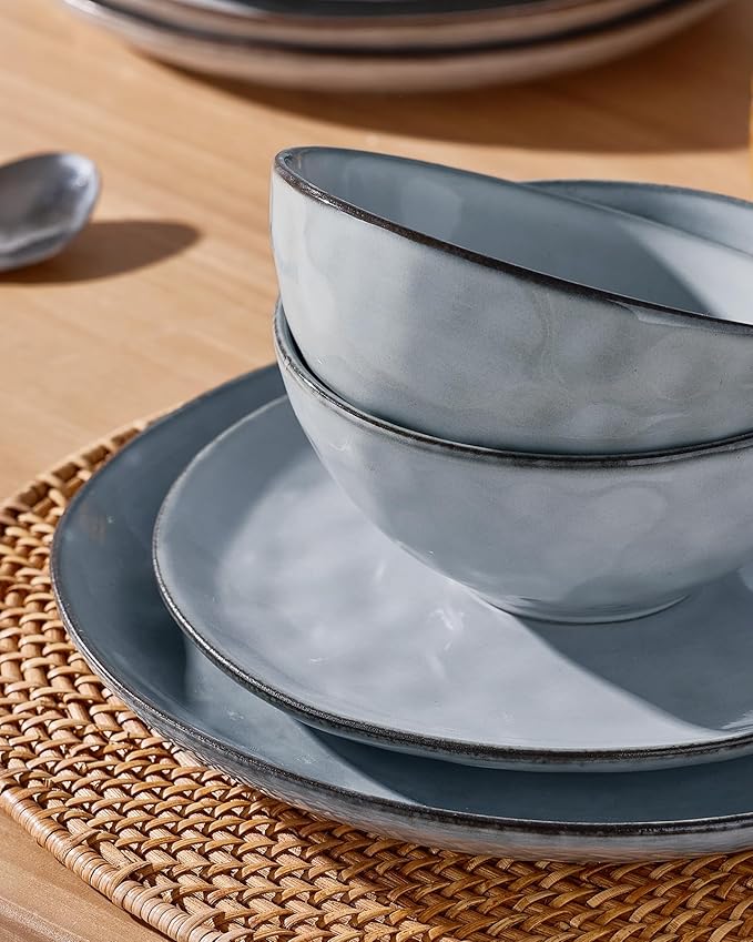 Famiware Dinnerware Sets for 4, Ocean Round 12-Piece Kitchen Plates and Bowls Sets, Reactive Glaze, Microwave and Dishwasher Safe, Scratch Resistant, Grey