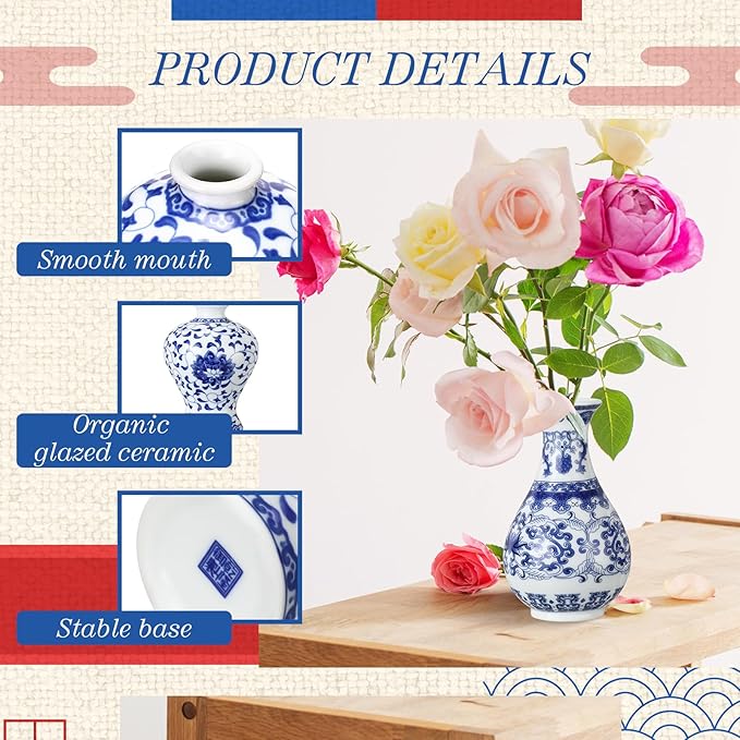 Maxcheck 12 Pcs Christmas Porcelain Blue and White Vase Mini Chinoiserie Bud Vase Vintage Ceramic Oriental Handmade Chinese Flower Jardiniere for Home Office Shelf Table Centerpieces Decor(Classic)