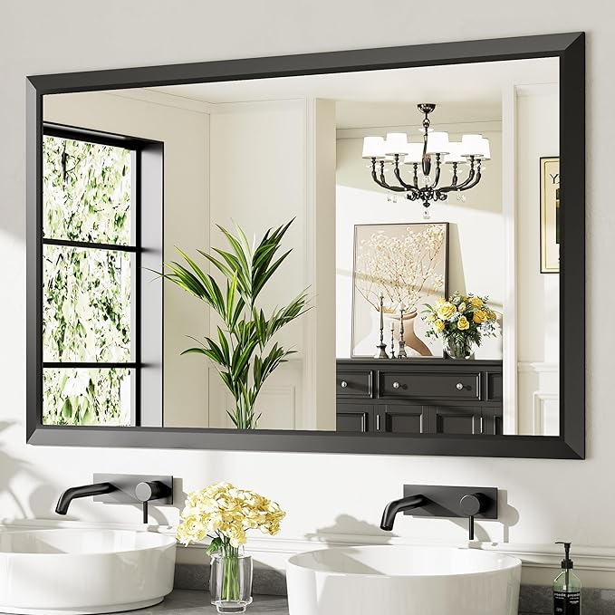 55x36 Inch Black Bathroom Mirror for Wall, Thick Metal Framed Rectangle Mirrors for Over Sink, Bedroom, Living Room, Entryway, Anti-Rust, HD Tempered Glass