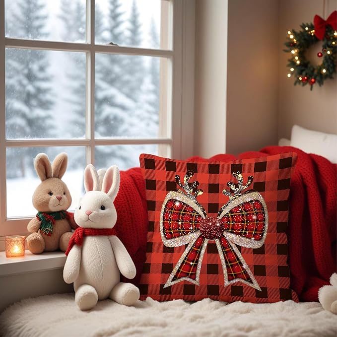 & Coquette Christmas Plaid Pillow Covers, 18x18 - Red Buffalo Plaid Decor for Living Room & Bedroom