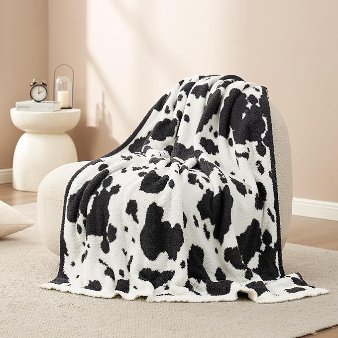 Snuggle Sac Cow Pattern Throw Blanket for Couch - Ultra Soft Microfiber Blanket, Plush Warm Reversible Blanket, Cow Jacquard Knitted Throw for Sofa & Bed, Black Cow, 50x60 inches