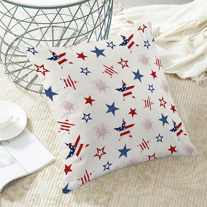 4th of July Pillow Covers 20 x 20 Inch, White Red Blue Patriotic Stripe Star Decor Throw Pillows for Couch Bed, American Flag Independence Day Decorative Pillowcase Linen Cushion Cover Set of 2