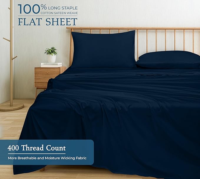 400 Thread Count 100% American Grown Cotton Navy Flat Sheet Only - Cooling Sheets - Luxury Sateen Weave - Full Size Flat Sheet Sold Separately - Super Soft Cotton Top Sheets (Full, Rivera Navy)