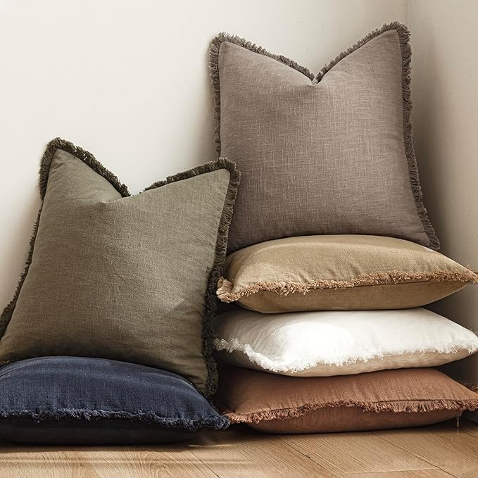Foindtower Set of 2 Decorative Linen Fringe Throw Pillow Covers Boho Farmhouse Cushion Cover with Tassels Soft Accent Pillowcase for Couch Chair Sofa Bed Living Room Home Decor,24×24 Inch,Brown Tan