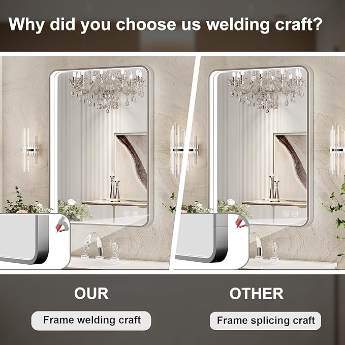 LED Bathroom Mirror with Lights,43x36 Inch Brushed Silver Framed Lighted Vanity Mirror,Anti Fog Stepless Dimmable Wall Mounted(Horizontal/Vertical)