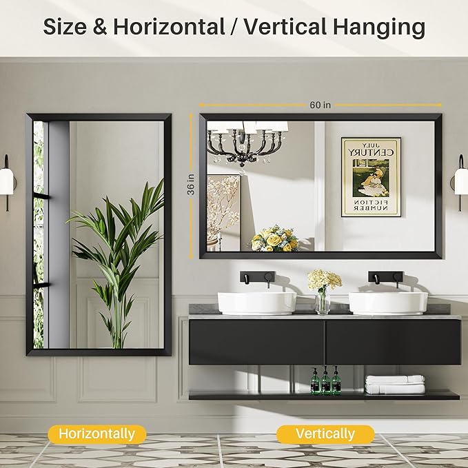 60x36 Inch Black Bathroom Mirror for Wall, Thick Metal Framed Rectangle Mirrors for Over Sink, Bedroom, Living Room, Entryway, Anti-Rust, HD Tempered Glass
