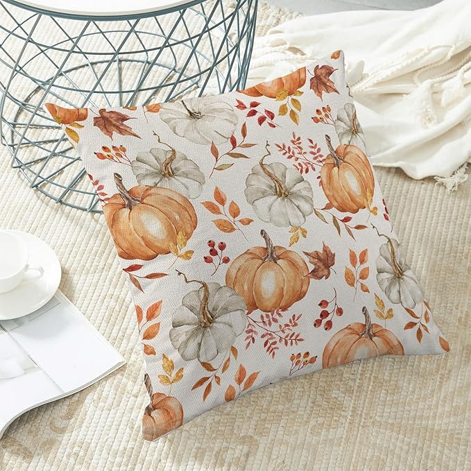 Fall Pillow Covers 16 x 16 Inch, Watercolor Burnt Orange Grey Pumpkin Leaf Autumn Decor Throw Pillows for Home Couch Bed, Harvest Thanksgiving Decorative Pillowcase Linen Cushion Cover Set of 2