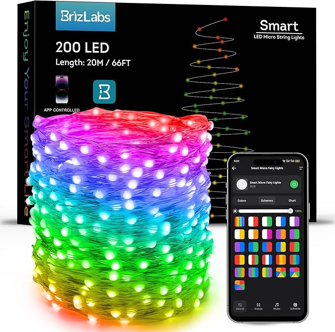 BrizLabs Smart Fairy String Lights, 66ft 200 LED WiFi RGB Christmas Fairy Lights App Control, Dimmable Rainbow Christmas Lighting, Music Sync Xmas Decorative Lighting Work with Alexa & Google Home