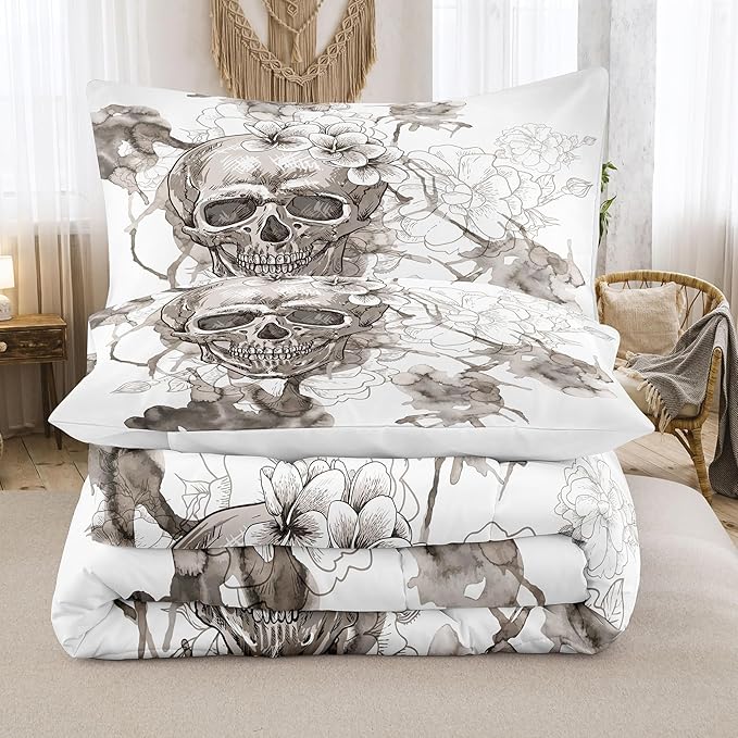 Tailor Shop Skull Comforter Set Queen Size, Gothic Fog Smoke Skull Skeleton Comforter Sets,Halloween Bedding Set, Grey Bedding Comforters for Young Man Boy Teens, with 1 Comforter 2 Pillowcases…