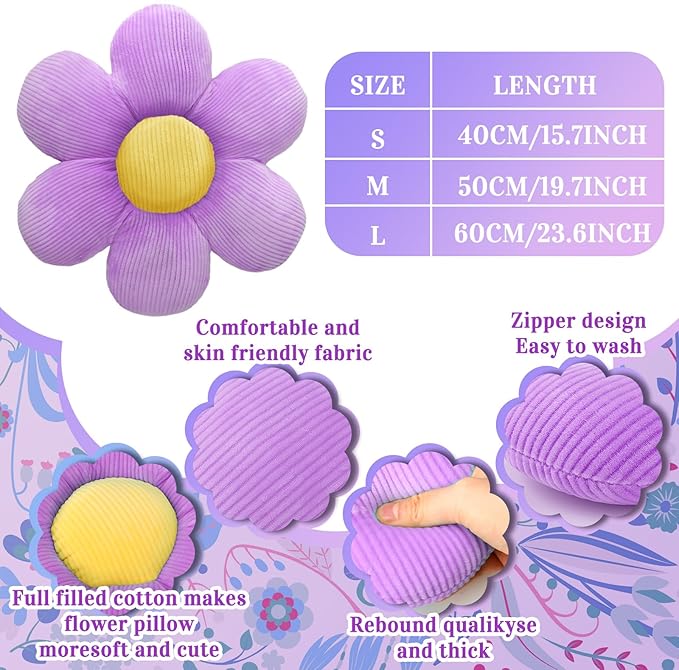 Sratte 3 Pcs Flower Pillows Flower Shaped Throw Pillow Cute Daisy Pillow Seating Cushions for Adults Home Bedroom Sofa Chair Couch Decor(Green, Purple, White,23.62)