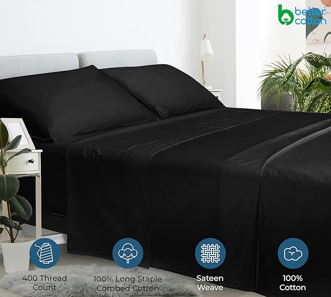 400 Thread Count 100% American Grown Cotton Black Flat Sheet Only - Cooling Sheets - Luxury Sateen Weave - Full Size Flat Sheet Sold Separately - Super Soft Cotton Top Sheets (Full, Night Black)