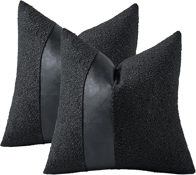Pack of 2 Faux Leather Boucle Throw Pillow Covers 18"x18" Black Chic Accents Textured Square Decorative Pillow Cases for Living Room Couch Bed Farmhouse Boho Home Decor