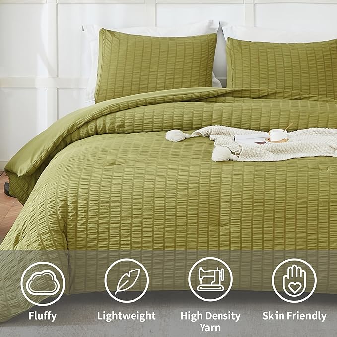 AveLom Olive Green Seersucker Twin/Twin XL Comforter Set (68x90 inches), 2 Pieces-100% Soft Microfiber Lightweight Comforter with 1 Pillowcase, All Season Down Alternative Comforter Set for Bedding