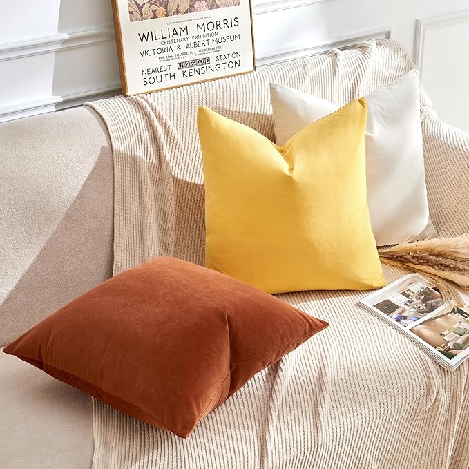 Throw Pillow Covers Yellow Set of 2 16x16 Inch Pillow Covers, Soft Velvet Fall Decorative Cases for Couch Sofa Bed, Home Boho Decor, Modern Farmhouse Cushion Covers