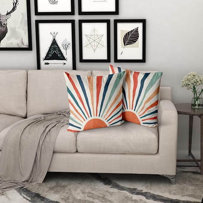 Giwawa Summer Pillow Covers 20x20in Set of 2 Colorful Boho Sun Sunset Sunrise Decorative Cotton Pillow Cases Sunshine Rainbow Stripes Throw Cushion Covers for Sofa Couch Bedding Patio