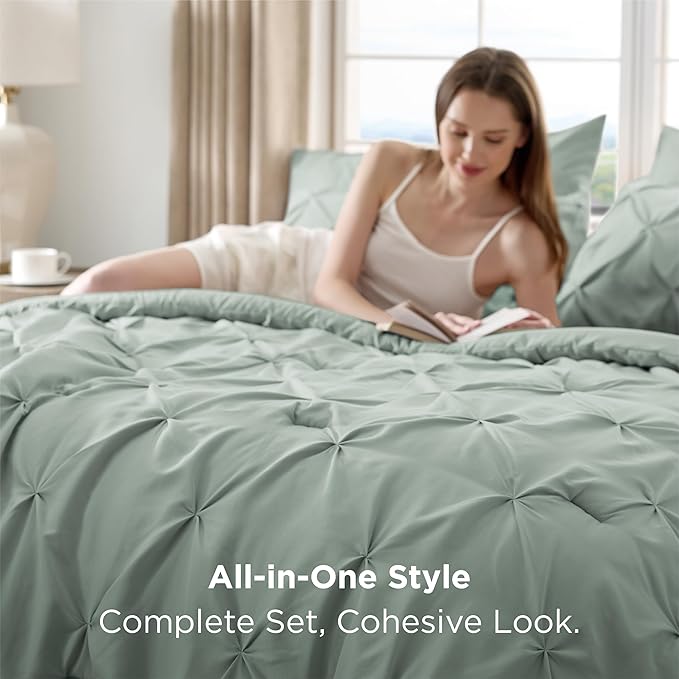 Bedsure Queen Comforter Set Sage Green - Bed in a Bag Queen Size Bedding 7 Pieces, GentleSoft™ Pintuck Bed Set Gift for Family, Pinch Pleat All Season Comforter with Sheets, Pillowcases & Shams