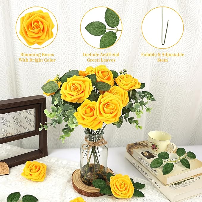 MACTING Artificial Yellow Rose Flowers 30PCS Real Touch Foam Roses with Stem Fake Flowers for DIY Table Centerpieces Bouquets Wedding Party Holiday Home Spring Mothers Day Decorations