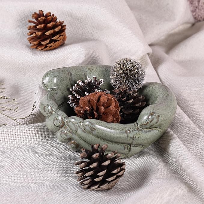 Ceramic Hands Bowl Dish Sculpture, Giving Hands Candy Holder for Succulent Planter, Crystal Rock Holder, Office, Keys Bowl for Entryway Table (Vintage Green)