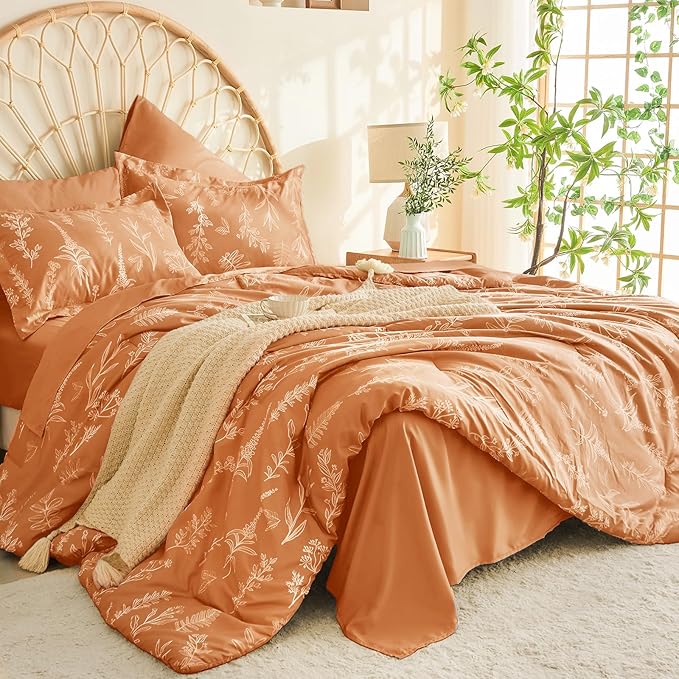 MUXHOMO Burnt Orange Full Comforter Set, Elegant Floral Print Bed in a Bag 7 Pieces, Ultra Soft & Breathable Reversible Botanical Pattern Bedding Set with Comforter, Sheets, Pillowcases, and Shams