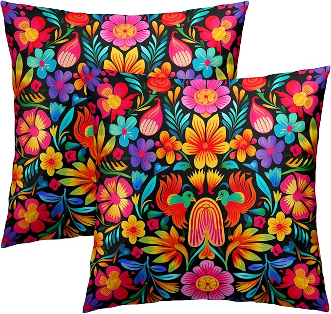 Mexican Throw Pillow Covers 22x22 - Mexico Pillow Cover Colorful Flowers Pillowcase Set of 2 Floral Birds Cushion Cover for Bedroom Home