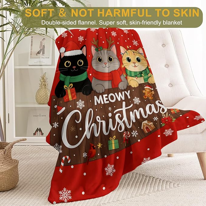 Cat Christmas Decorative Blanket, Kitten with Hat Antler Scarf Print Throw Decoration, Soft Flannel Winter Blankets for Couch Bed Sofa, Holiday Home Decor, Xmas Festival Gifts Red 50x60 Inch