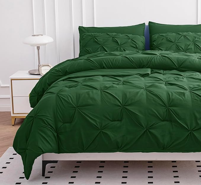 LANE LINEN Full Comforter Set – 7 Piece Bed in a Bag – Pinch Pleated Full Size Bedding Set with Comforter, Flat Sheet, Fitted Sheet, Pillowcase & Sham – Soft Pintuck Bed Set - Olive Green