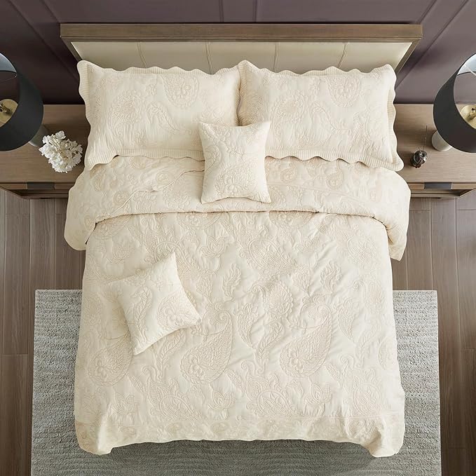 HZ & HY Oversized King Bedspread 128x120 Extra Wide, Quilted Coverlet Bedding Set, Lightweight Thin Comforter, Reversible, Luxurious, 5 Piece, 100% Microfiber, Ivory Yellow