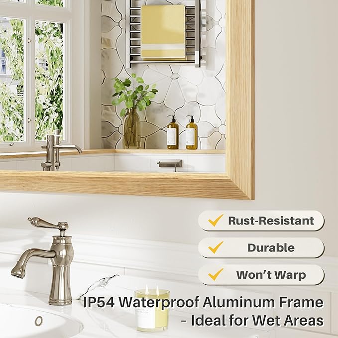 60x36 Inch Bathroom Mirror for Wall, Anti-Rust Oak Wood Grain Metal Framed Bathroom Mirrors for Over Sink,Rectangler Mirrors for Bathroom Vanity, Farmhouse, Bedroom, Living Room, Entryway Decor