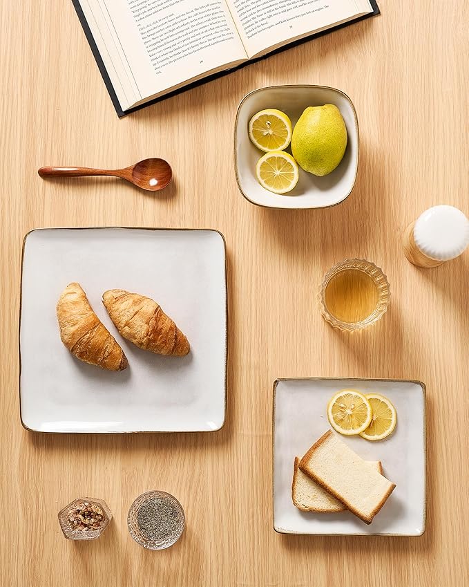 Famiware Dinnerware Sets for 4, Ocean Square 12-Piece Kitchen Plates and Bowls Sets, Reactive Glaze, Microwave and Dishwasher Safe, Scratch Resistant, Cappuccino White