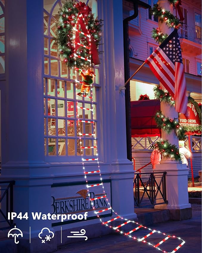 Toodour LED Christmas Lights - 10ft Christmas Decorative Ladder Lights with Santa Claus, Xmas Decorations Light for Indoor Outdoor, Window, Garden, Home, Wall, Xmas Tree Decor - White & Red