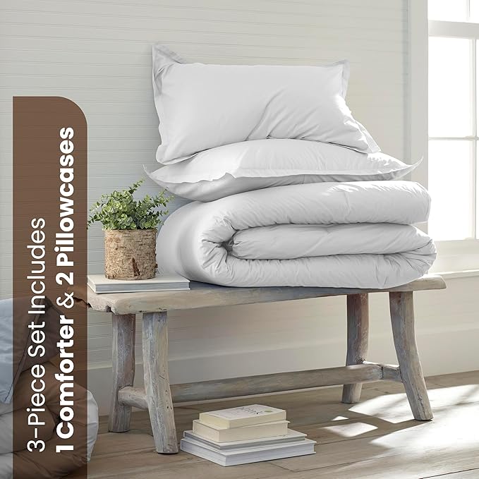 EcoPure Martex Comfort Wash 3-Piece Solid Full/Queen Comforter Set – 100% Organic Cotton - All-Season - Breathable & Lightweight – Easy Care - White