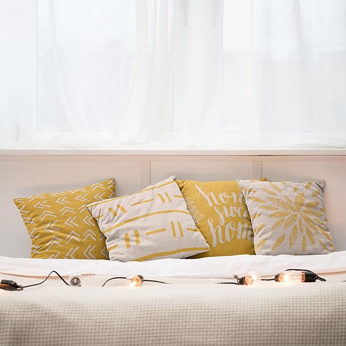 Ambesonne Modern Throw Pillow Cushion Case Pack of 4, Scandinavian Minimal Ornaments Boho Feather Leaves and Home Phrase, Modern Accent Double-Sided Digital Printing, 24", Pale Tan and Earth Yellow