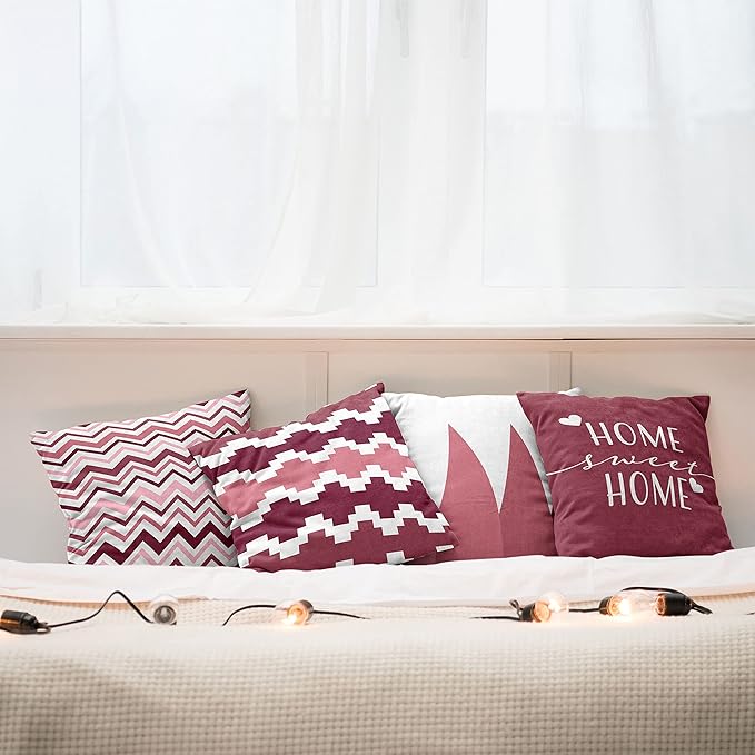 Ambesonne Modern Throw Pillow Cushion Case Pack of 4, Geometric Style Pattern of Triangles Zigzags Love Home Phrase Print, Modern Accent Double-Sided Digital Printing, 24", Raspberry Rose and White