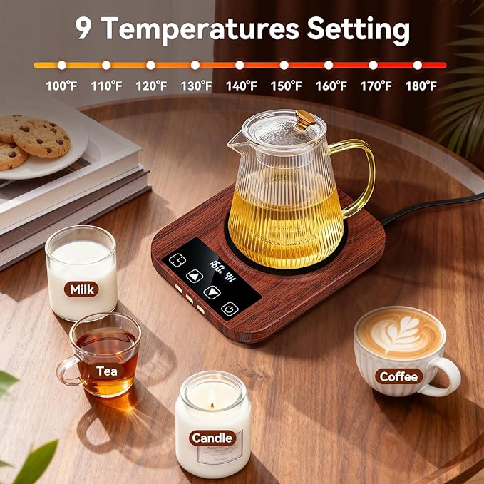 Coffee Mug Warmer & Mug Set for Desk, 36W Electric Coffee Cup Warmer with 16oz Cup, 9 Temp Settings Auto Shut Off Heated Mug Plate for Home Office Desk Accessories, Gifts for Women Men, Wood