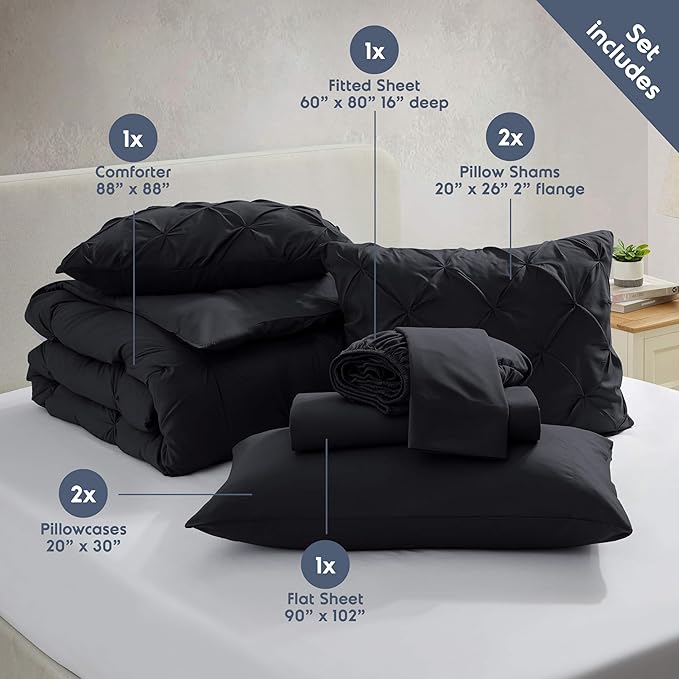Nestl Queen Comforter Set 7 Piece - Pinch Pleated Comforters Queen Size Black, Bed in a Bag Queen All Season, Queen Size Comforter Sets Bedding with Flat Sheet and Fitted Sheet, Pillowcases and Shams