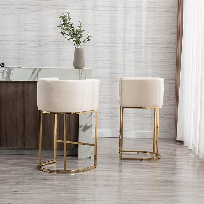 Modern Counter Height Linen Upholstered Bar Stools Set of 2, 29" Kitchen Counter Island Stools Bar Chairs with Gold Metal Frame for Kitchen Island, Cream