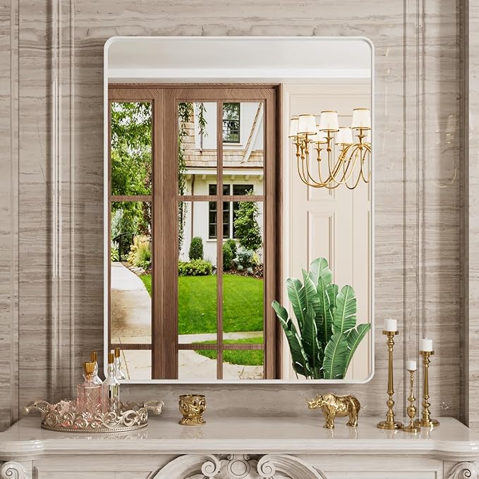 White Bathroom Mirror 28x36 Inch, White Metal Framed Bathroom Mirror for Wall, Rounded Rectangle Matte Bathroom Vanity Mirror, Tempered Glass, Anti-Rust, Horizontal/Vertical