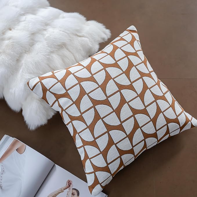 Premium Throw Pillow Covers 18x18 Inches - Tawny Birch Geoleaf Chenille Jacquard Embroidery Decorative Couch Pillow Covers for Living Room Bedroom Sofa Home Décor