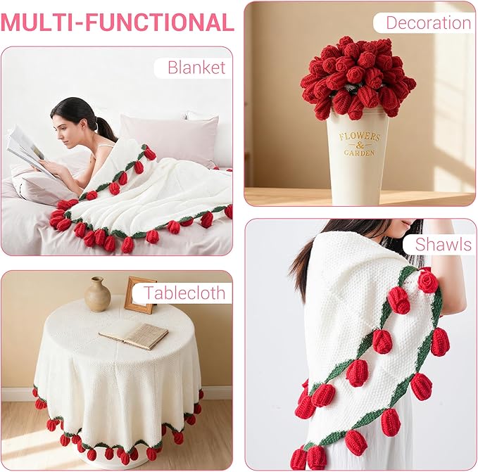 CULVE Crochet Flower Bouquet Blanket Finished, Hand Knitted Rose Throw Blankets, 74 Inch Graduation Gifts Sofa Blanket for Wedding Flowers Room Decor