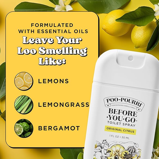 Poo-Pourri Before-You-Go Pocket Toilet Spray, Travel Essentials, Original Citrus, 1 Fl Oz, Up to 50 Uses, On-The-Go Bathroom Odor Deodorizer with Essential Oils, TSA Approved Size, Lemon Bergamot