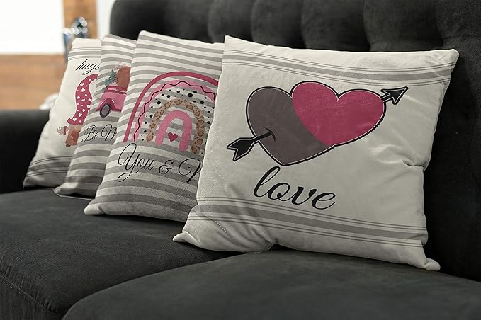 Ambesonne Romantic Throw Pillow Cushion Case Pack of 4, Love Hearts Arrow You and Me Be My Valentine Hugs Kisses Lettering Print, Modern Accent Double-Sided Digital Printing, 24", Ivory Taupe and Pink