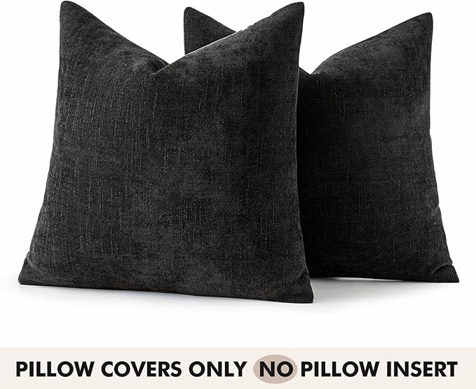 Woaboy Set of 2 Textured Throw Pillow Covers Decorative Soft Accent Square Chenille Pillowcases Neutral Farmhouse Cushions Modern Home Decor for Couch Sofa Bedroom Living Room 22x22 Inch,Black