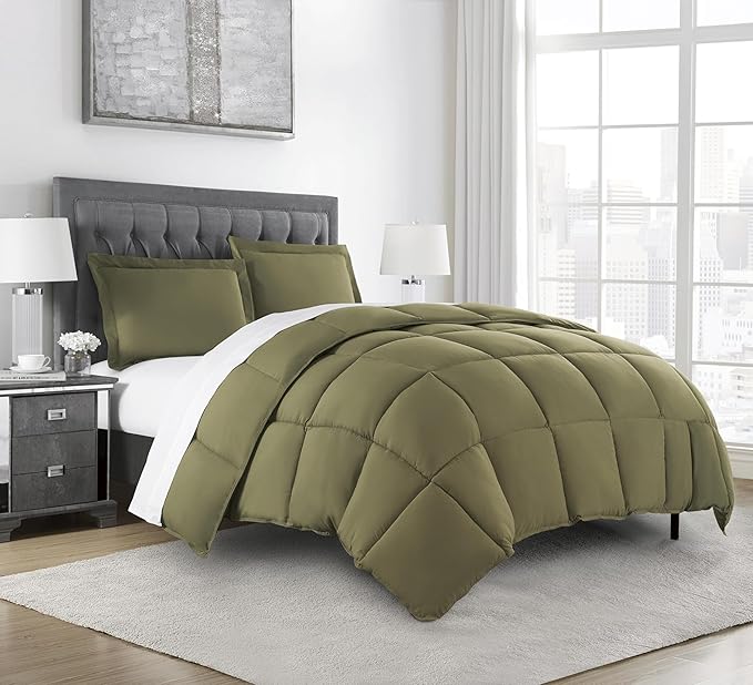Chezmoi Collection 3-Piece All Season King Comforter Set Olive Green, Soft Quilted Down Alernative Duvet Insert with Corner Tabs, Lightweight Microfiber Bedding, 102 x 90 Inches