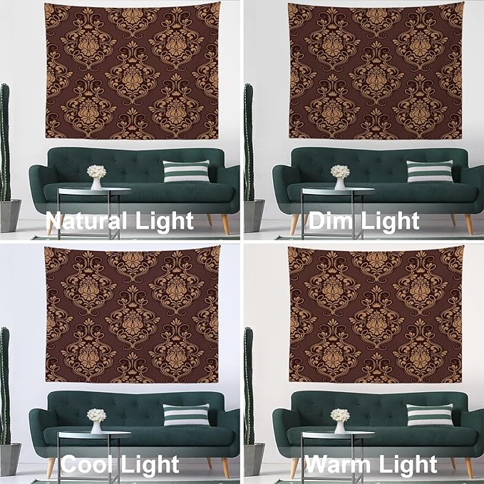 Batmerry Brown Damask Floral Tapestry, Vintage Golden Brown Damask Pattern Wall Art Hanging Decoration Polyester Fiber White Ruffled Around For Dorm Room Bedroom Living Room, 35 X 47 Inches
